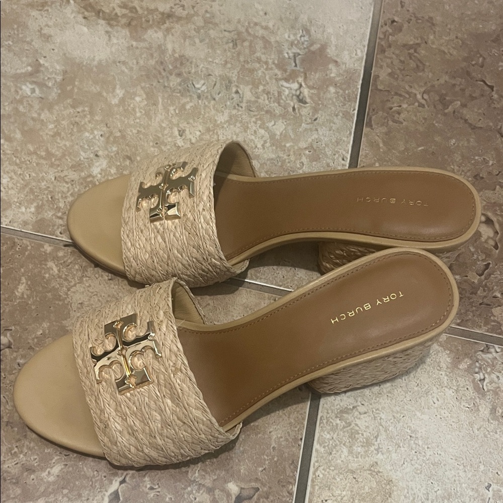 Tory Burch Natural Woven Mules with Gold Logo
